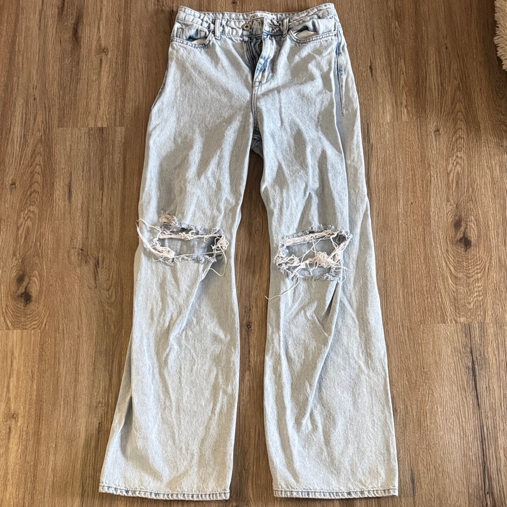 Zara Light Blue Straight Leg Distressed Jeans